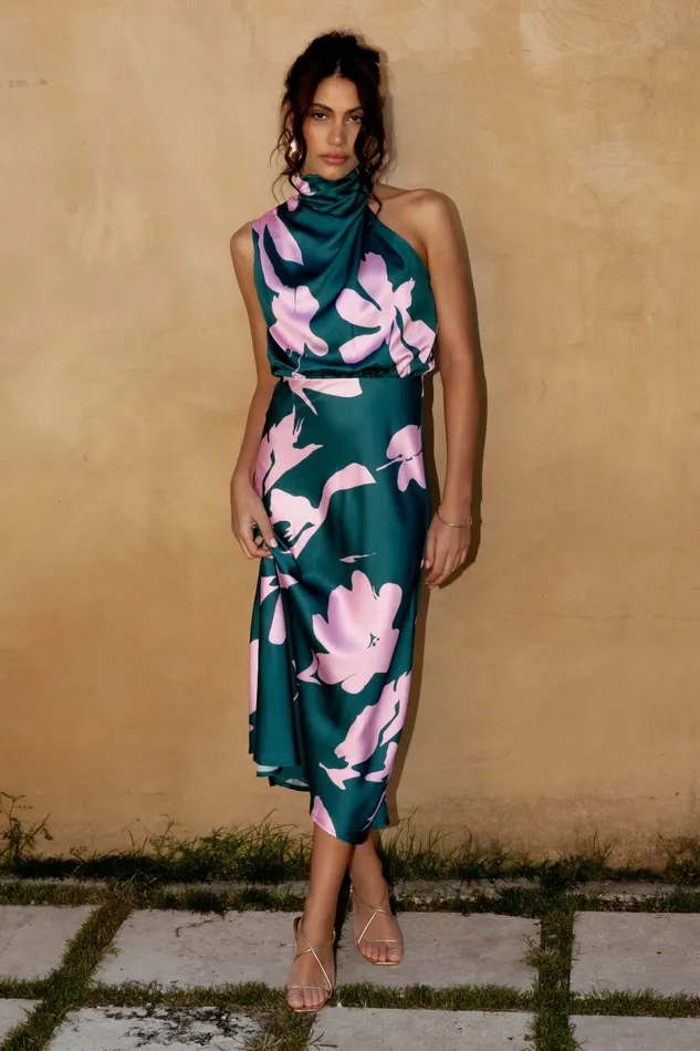 Women Petal and Pup Anabelle Halter Neck Midi Dress Green Pink Satin Dresses
