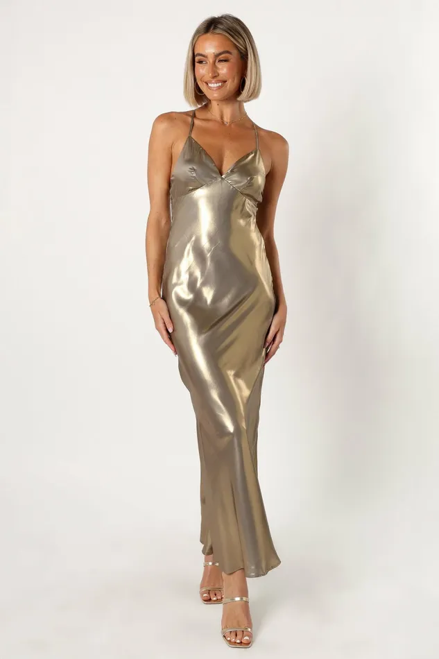 Women Petal and Pup Moss Maxi Dress Gold Satin Dresses