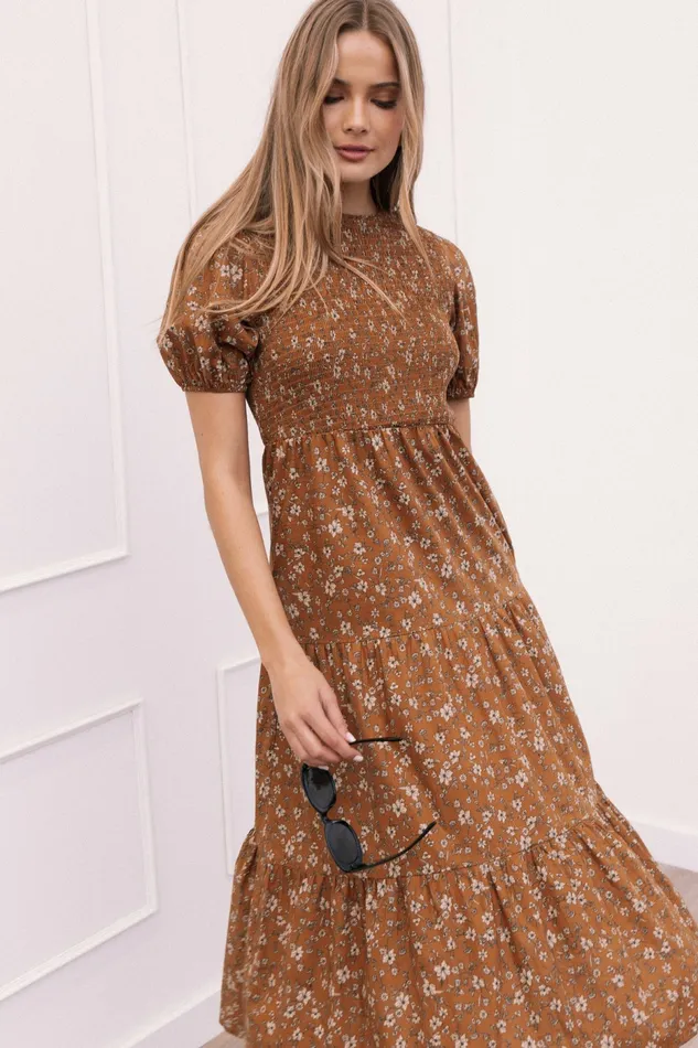 Women Petal and Pup Naura Shirred Tiered Midi Dress Cognac Floral Floral Dresses