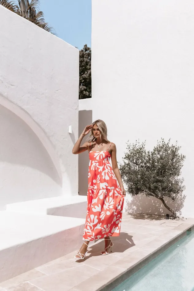 Women Petal and Pup Payton Maxi Slip Dress Melon White Floral Dresses