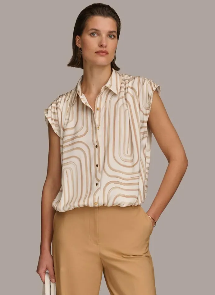 Women PRINT CINCHED SHOULDER BLOUSE Creamfawn Donna Karan New York Sweaters And Tops Women PRINT CINCHED SHOULDER BLOUSE Creamfawn Donna Karan New York Sweaters And Tops