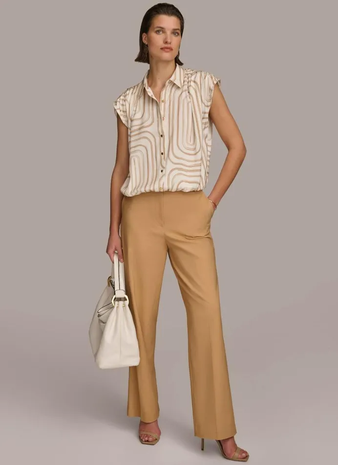 Women PRINT CINCHED SHOULDER BLOUSE Creamfawn Donna Karan New York Sweaters And Tops
