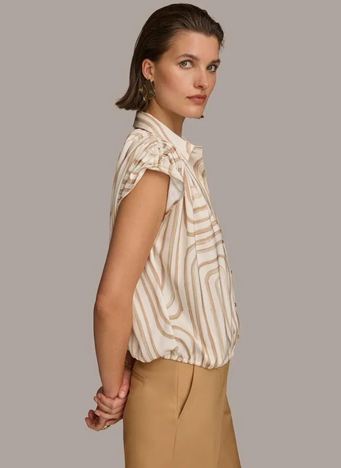 Women PRINT CINCHED SHOULDER BLOUSE Creamfawn Donna Karan New York Sweaters And Tops