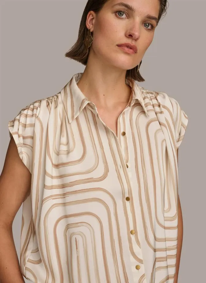 Women PRINT CINCHED SHOULDER BLOUSE Creamfawn Donna Karan New York Sweaters And Tops