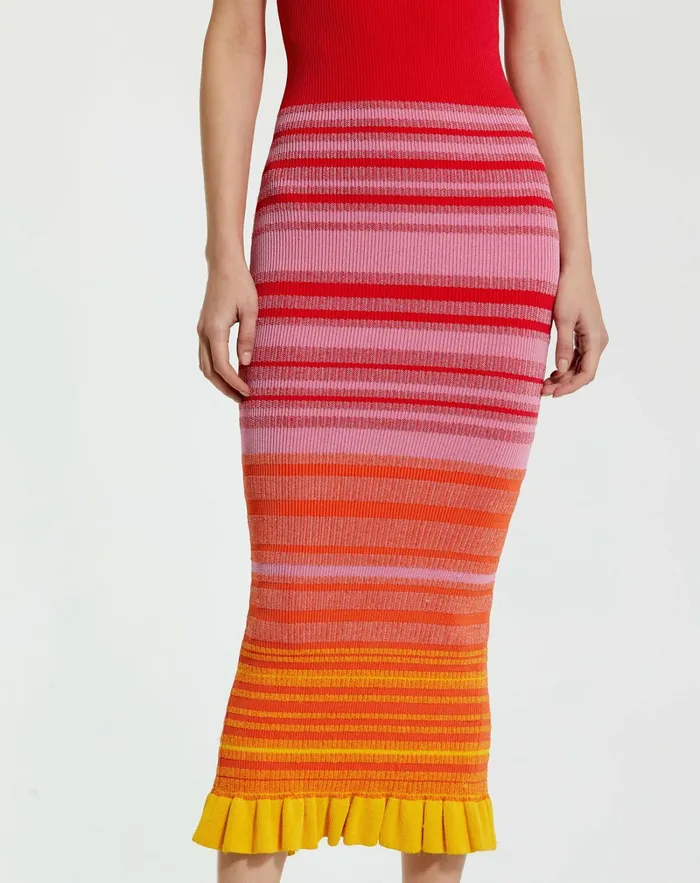 Women Red Striped Fitted Sleeveless Ribbed Knit Midi Tank Dress 8211 FINAL SALE Red Knitwear Mac Duggal