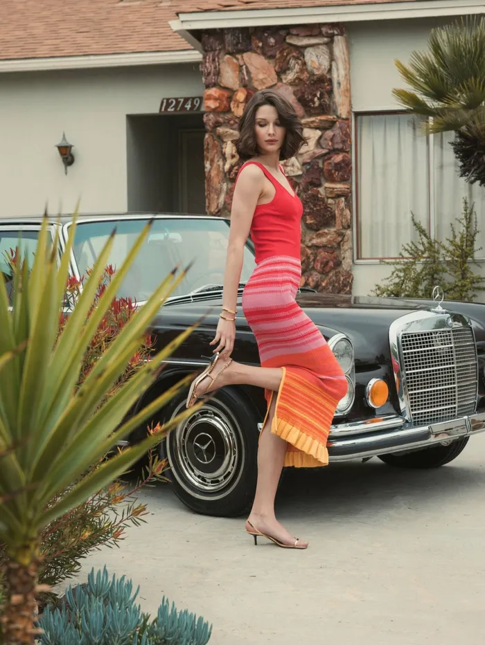 Women Red Striped Fitted Sleeveless Ribbed Knit Midi Tank Dress 8211 FINAL SALE Red Knitwear Mac Duggal