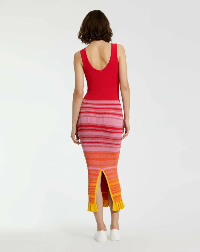 Women Red Striped Fitted Sleeveless Ribbed Knit Midi Tank Dress 8211 FINAL SALE Red Knitwear Mac Duggal