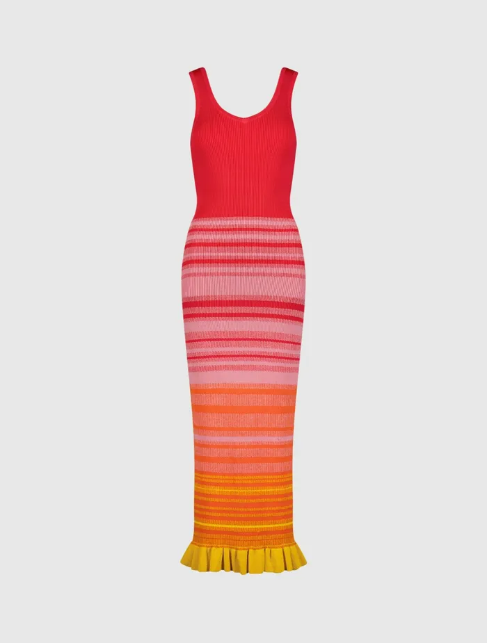 Women Red Striped Fitted Sleeveless Ribbed Knit Midi Tank Dress 8211 FINAL SALE Red Knitwear Mac Duggal