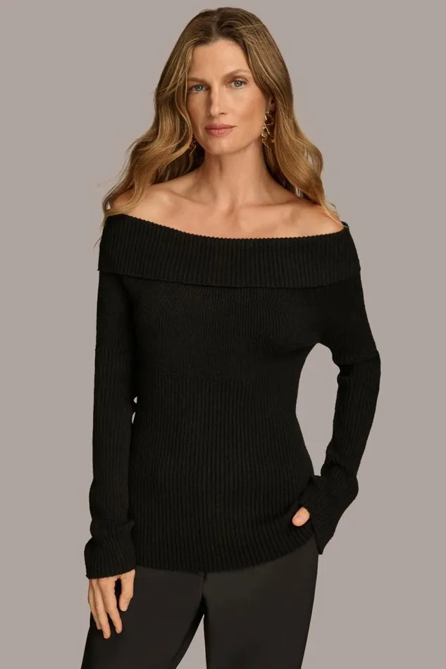 Women RIBBED BOAT NECK TOP Black Donna Karan New York Sweaters And Tops