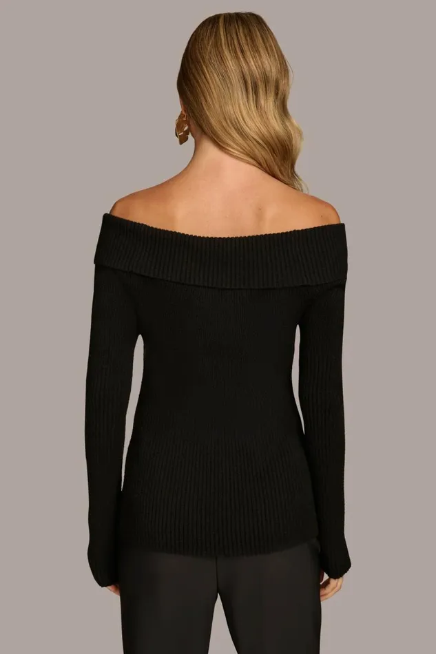 Women RIBBED BOAT NECK TOP Black Donna Karan New York Sweaters And Tops