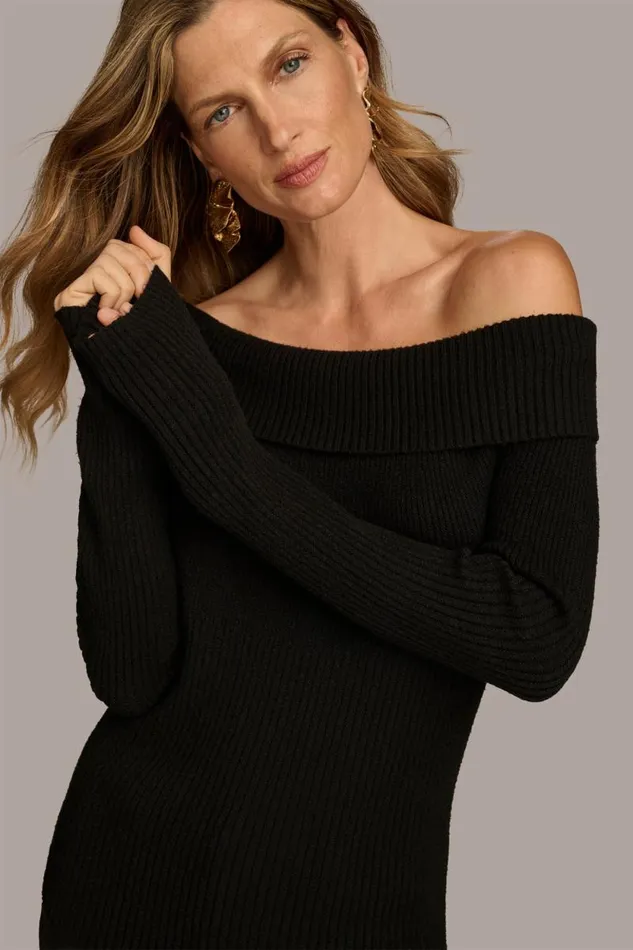 Women RIBBED BOAT NECK TOP Black Donna Karan New York Sweaters And Tops