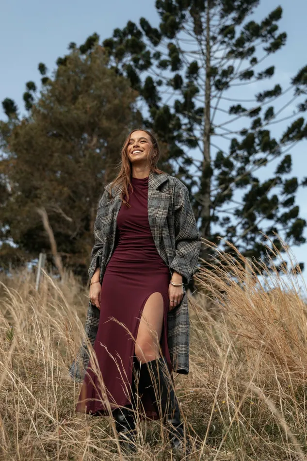 Women Torie Waist Tie Long Coat Grey Check Jackets and Coats Petal and Pup
