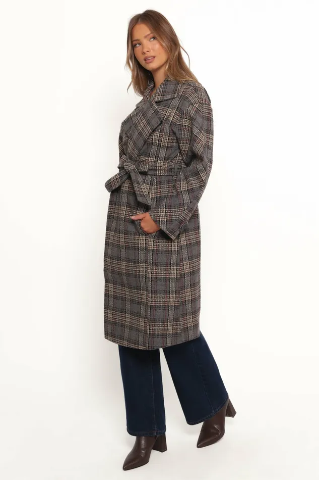 Women Torie Waist Tie Long Coat Grey Check Jackets and Coats Petal and Pup
