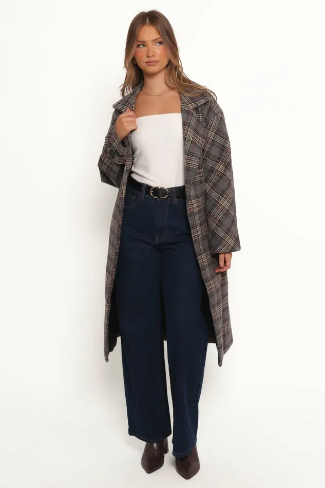 Women Torie Waist Tie Long Coat Grey Check Jackets and Coats Petal and Pup