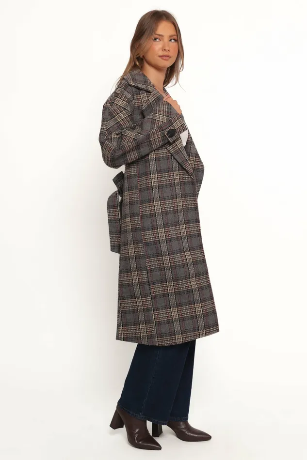 Women Torie Waist Tie Long Coat Grey Check Jackets and Coats Petal and Pup