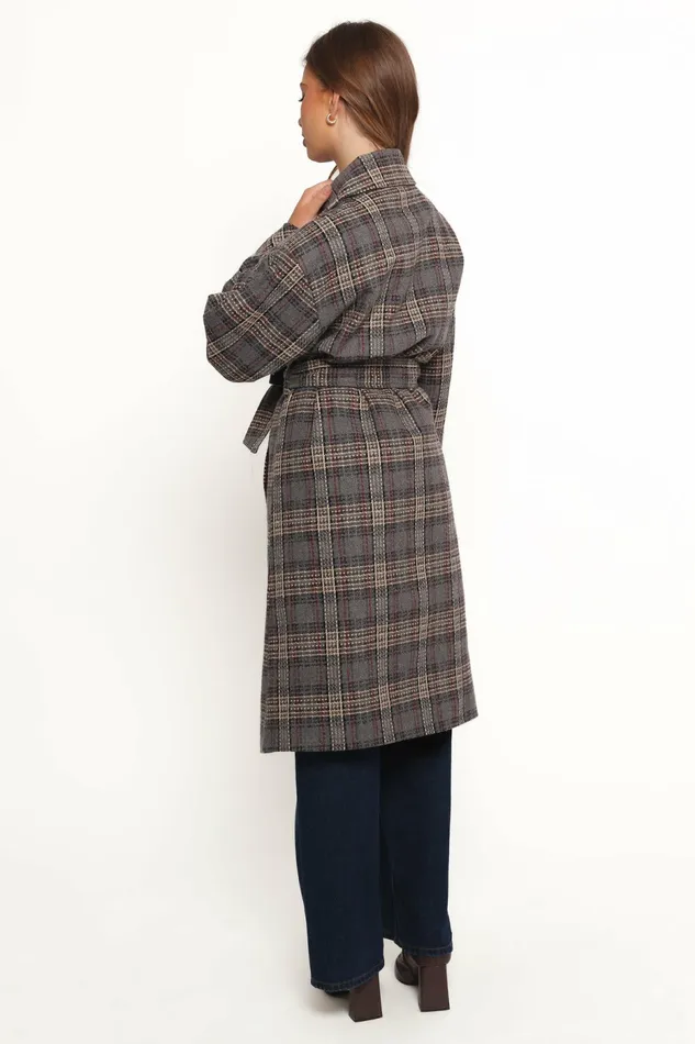 Women Torie Waist Tie Long Coat Grey Check Jackets and Coats Petal and Pup