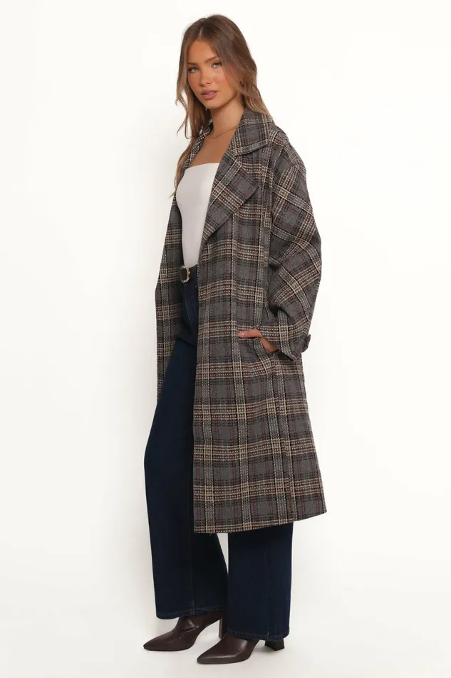 Women Torie Waist Tie Long Coat Grey Check Jackets and Coats Petal and Pup
