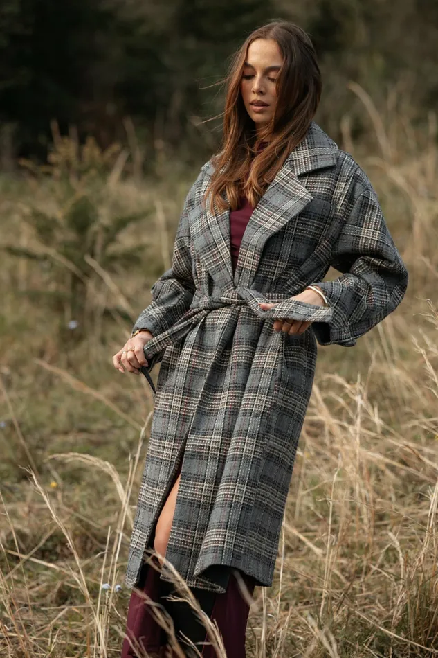 Women Torie Waist Tie Long Coat Grey Check Jackets and Coats Petal and Pup