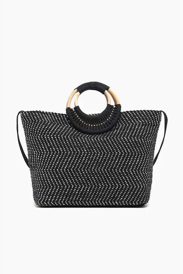 Women Travel and Beach Bags America and Beyond Midnight Lurex Wicker Handle Tote