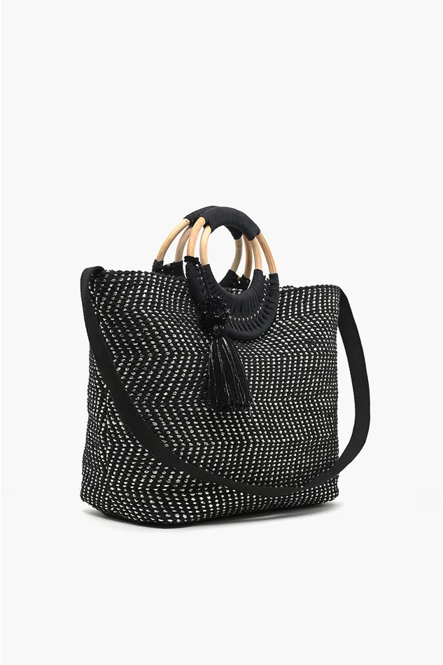Women Travel and Beach Bags America and Beyond Midnight Lurex Wicker Handle Tote