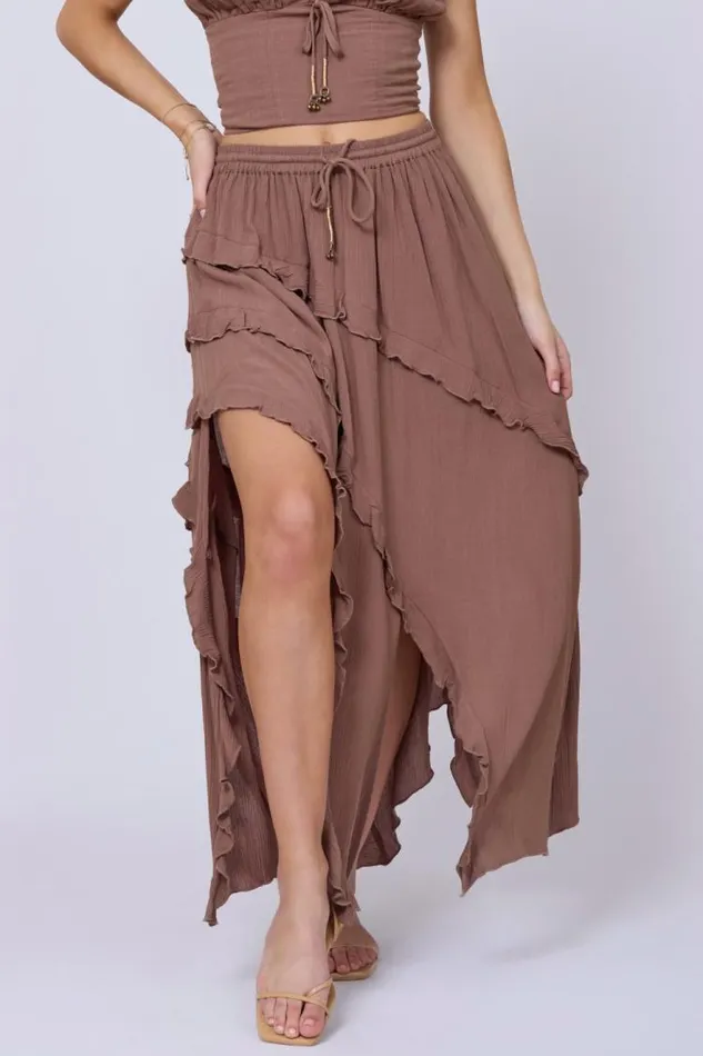 Women Vintage Havana All Bottoms Washed Mocha Rayon Crinkle Ruffle Maxi Skirt Washed Mocha