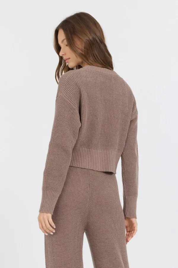 Women Vintage Havana Sweaters Heather Brown Waffle Knit Cardigan Heather Brown