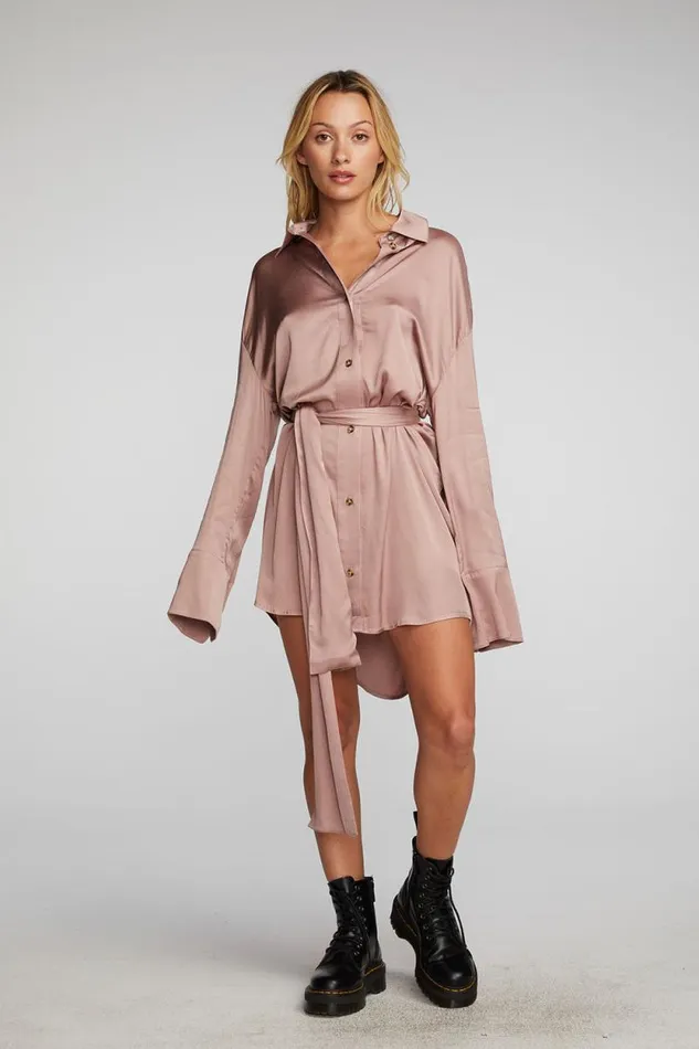 Womens Chaser Brand Dresses Stretch Silky Woven Shirt Dress