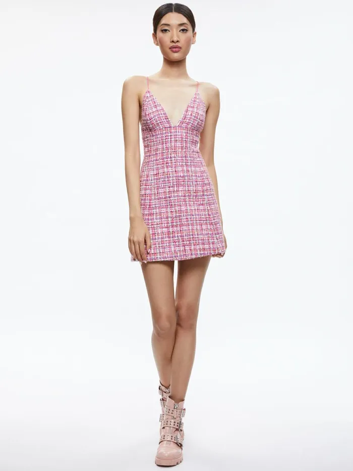 Womens Dresses Alice Olivia Carli Spaghetti Strap Tweed Mini Dress Candywhite