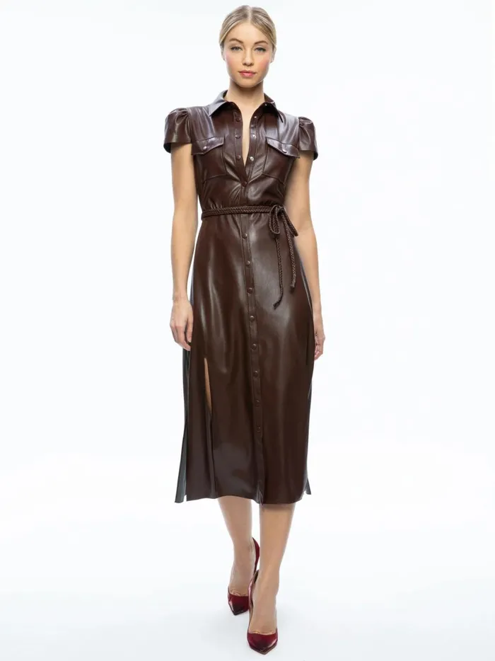 Womens Dresses Alice Olivia Miranda Vegan Leather Midi Dress Toffee