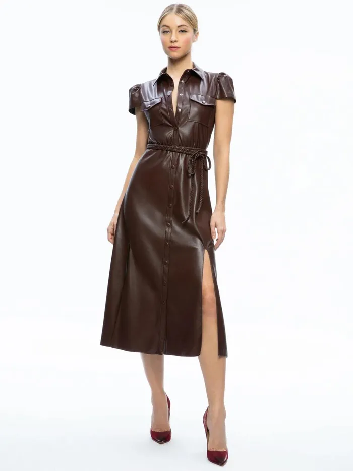 Womens Dresses Alice Olivia Miranda Vegan Leather Midi Dress Toffee