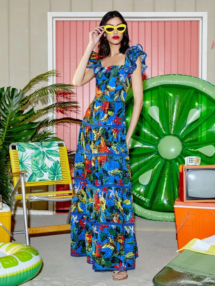 Womens Dresses Alice Olivia Tawny Eyelet Square Neck Maxi Dress Tropical Sunrise Sapphire Womens Dresses Alice Olivia Tawny Eyelet Square Neck Maxi Dress Tropical Sunrise Sapphire