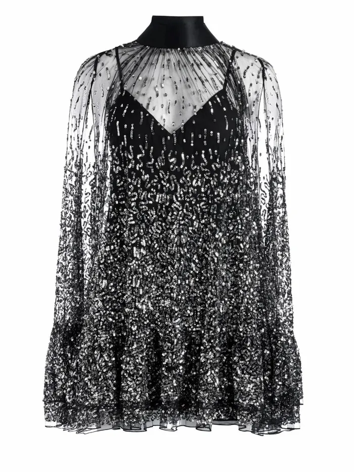 Womens Dresses Alice Olivia Zenon Sequin Cape Mini Dress Blacksilver