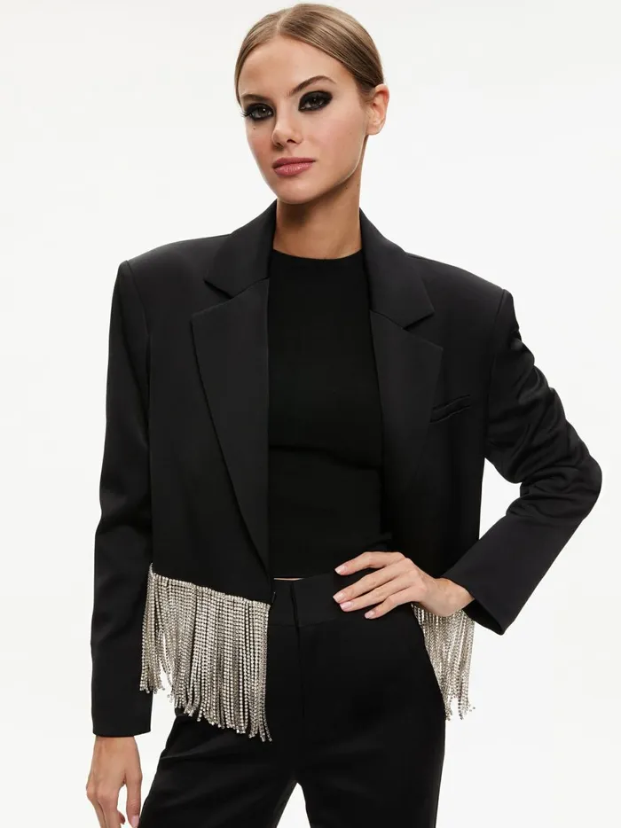 Womens Jackets Coats Alice Olivia Shan Crystal Fringe Blazer Black