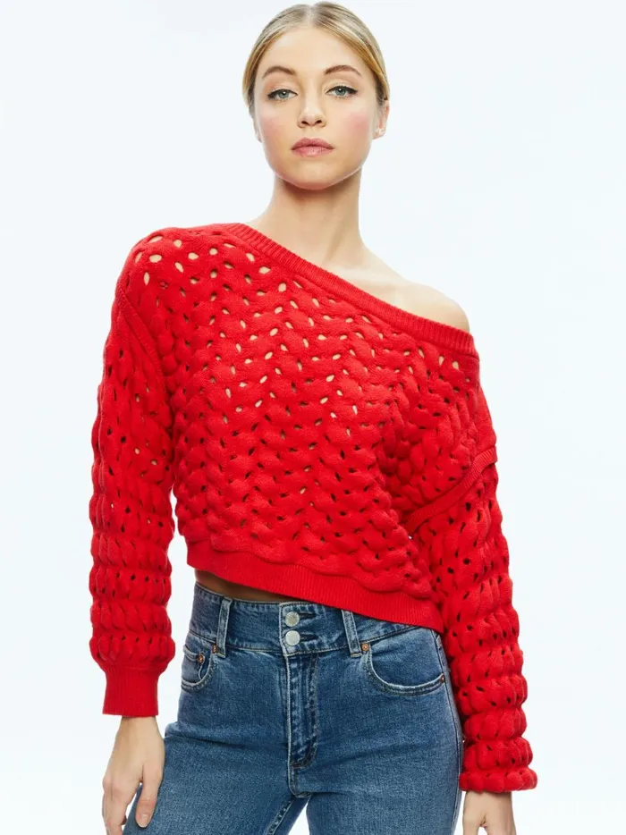 Womens Sweaters Alice Olivia Allene Cable Knit Crewneck Bright Ruby