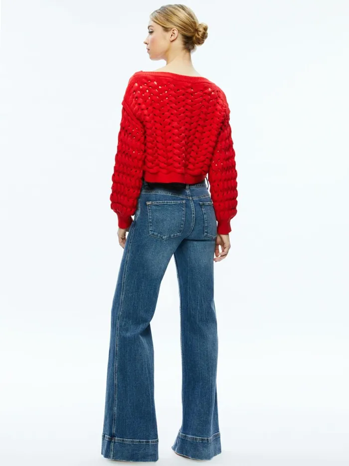 Womens Sweaters Alice Olivia Allene Cable Knit Crewneck Bright Ruby