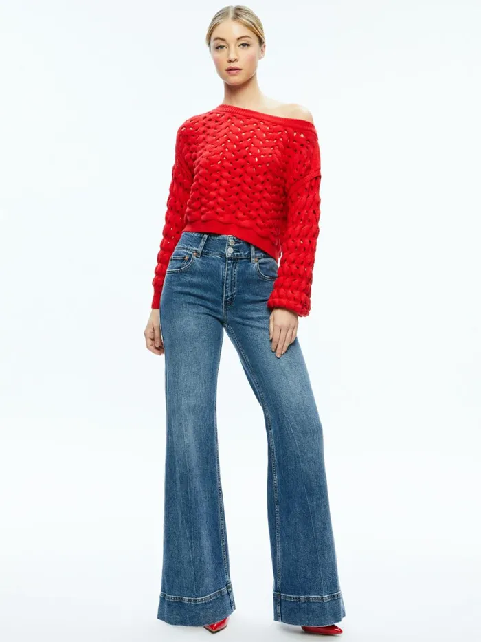 Womens Sweaters Alice Olivia Allene Cable Knit Crewneck Bright Ruby