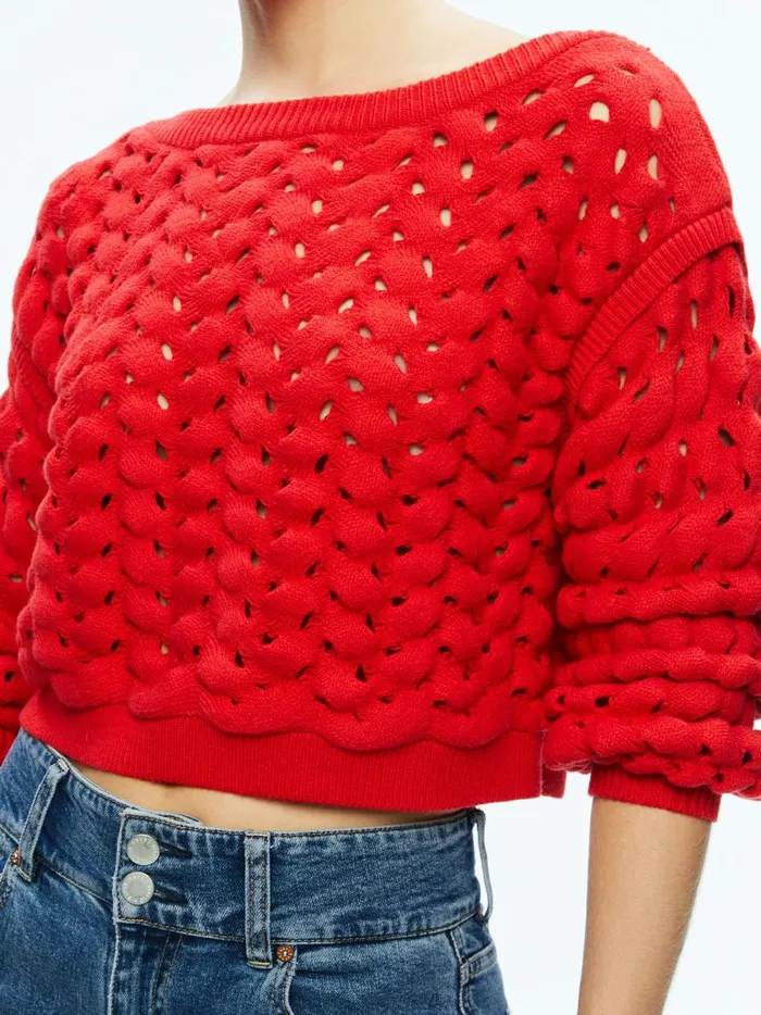 Womens Sweaters Alice Olivia Allene Cable Knit Crewneck Bright Ruby