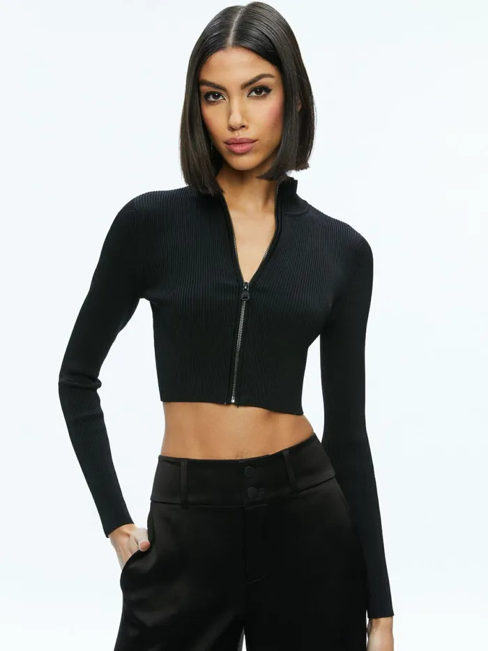 Womens Sweaters Alice Olivia Dorris Ribbed Zip Up Cardigan Black