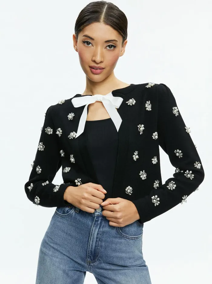 Womens Sweaters Alice Olivia Trina Embellished Cropped Cardigan Black