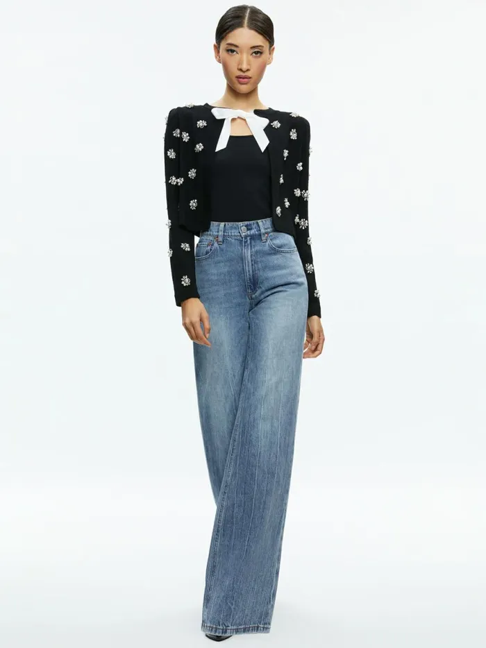 Womens Sweaters Alice Olivia Trina Embellished Cropped Cardigan Black